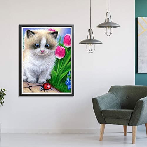 Showker 5D Kit Complet de Broderie Diamant Chat Fleur - Peinture Diamant Animaux Plantes Rond Point de Croix - Décoration Murale pour Chambre, DIY Diamond Painting Maison 30x40cm