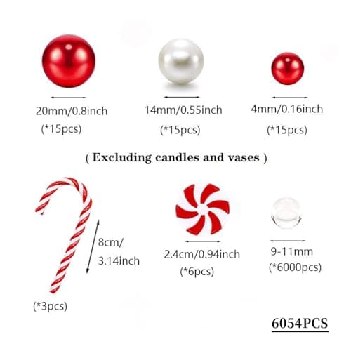 Viilich Lot de 6054 perles flottantes pour vase de Noël - Perles flottantes en gel de sucre d'orge (rouge et blanc)