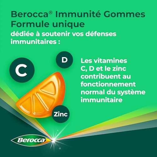 Berocca® Immunité gommes - Multivitamines Complément alimentaire - 8 vitamines et minéraux - Dont vitamine C, D et Zinc - Soutient l'immunité au quotidien - Goût orange 120 gommes