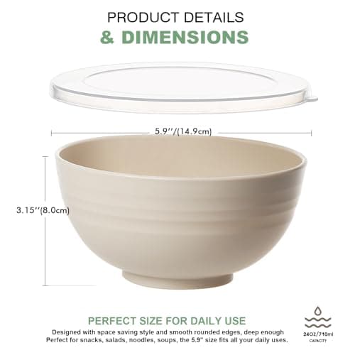 Greentainer Lot de 8 grands bols à céréales incassables avec couvercles – Lot de 8 bols en plastique légers de 700 ml – Passe au lave-vaisselle et au micro-ondes – Pour céréales, salade, soupe,