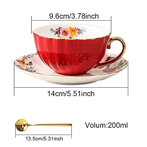 HUAMu Ensemble de tasses avec cuillère, tasse à thé et soucoupe vintage en céramique - Tasse à thé élégante avec cuillère et soucoupe - Tasses à thé royales en porcelaine,Rouge (235 ml)