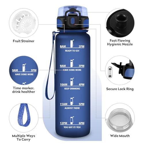 KollyKolla Gourde 1L, Bouteille d'eau, Étanche & Réutilisable, Gourde Sport avec Filtre et Marqueur de Temps, sans BPA, Gourde Motivation pour Enfant, Adulte, Cyclisme, Bureau, l'école, Camping