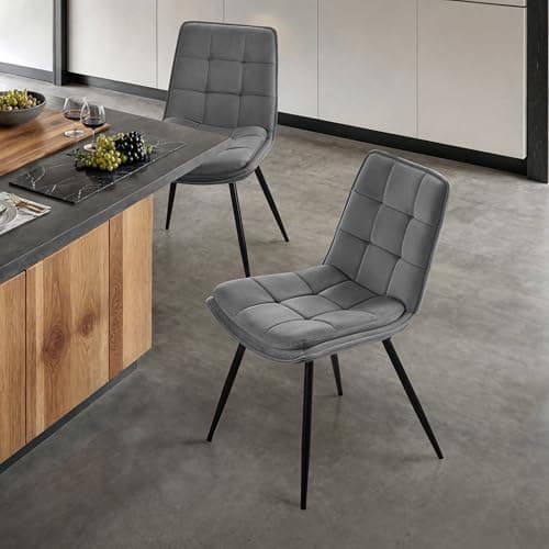 STOOLINK Lot de 2 Chaise Salle à Manger, Chaise de Salle à Manger en Velours, Moderne Chaise de Salle Rembourrée, Chaise de Cuisine sans Accoudoirs Design en Damier pour Cuisine, Salon - Gris