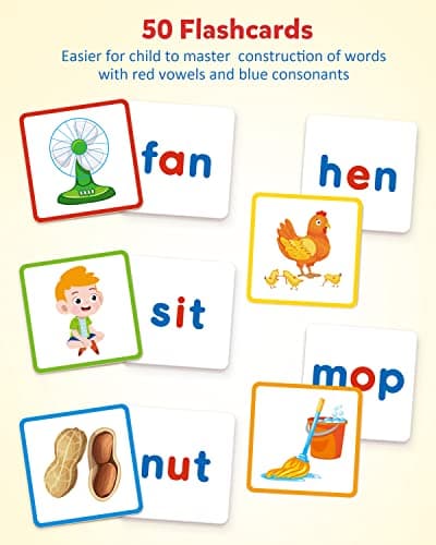 Coogam Voyelle Courte en Bois Lecture Lettres Tri Jeux d'orthographe, Mots à Vue Flashcards Alphabet Puzzle Montessori Jouet Éducatif Cadeau pour Enfants 3 4 5 Ans