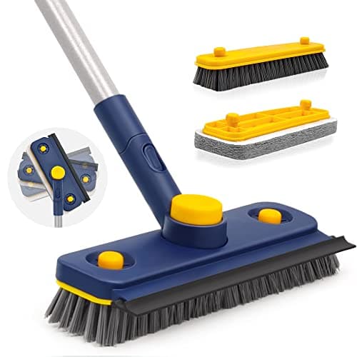 JEHONN Brosse de Nettoyage avec Manche Long, 3 en 1 pour Baignoire et Carrelage, Brosse à Récurer Amovible à Poils Rigides et Tête éponge pour Salle de Bain, Baignoire, Sol