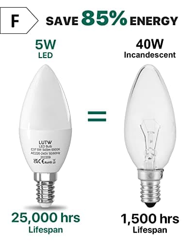 LUTW Ampoule LED E14 Blanc Froid 6500K, Ampoule Bougie LED C37, 5W Équivalent 40W, 545LM, Ampoule Petit Culot à Vis E14, Économie d'Énergie à Angle de Faisceau 160°, Non Dimmable,Lot de 6