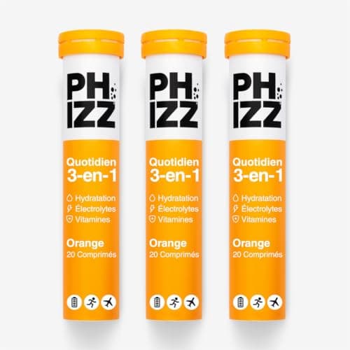 Electrolytes Phizz, Multivitamines & Comprimés d'hydratation - 20 comprimés de réhydratation effervescents - 18 vitamines et minéraux, vitamine C et hypocalorique (60 Comprimés, Orange)
