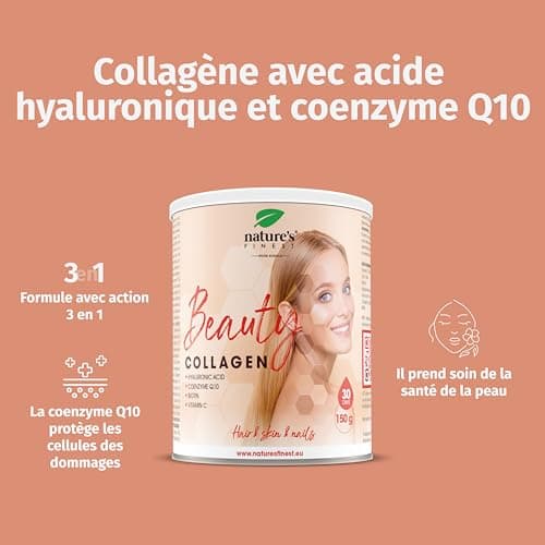 Nature's Finest by Nutrisslim Collagene et Acide Hyaluronique - Anti Ride, Repousse Cheveux - Collagene en Poudre Avec Q10 Coenzyme, Biotine, Zinc, Acide Hyaluronique - Testé, Sans Additifs
