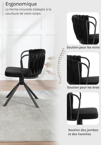 WOLTU Chaise de Salle à Manger Pivotante Lot de 4, Fauteuil Rembourré avec Dossier Tressé et Pieds en Métal, Chaise Scandinave, en Velours,Noir,EZS72sz-4