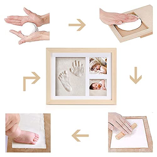 Meilo Cadre photo d'argile d'empreinte de main, cadre en bois et verre acrylique, cadeau de kits de moulage et d'impression pour baptême de bébé(wood-2823)