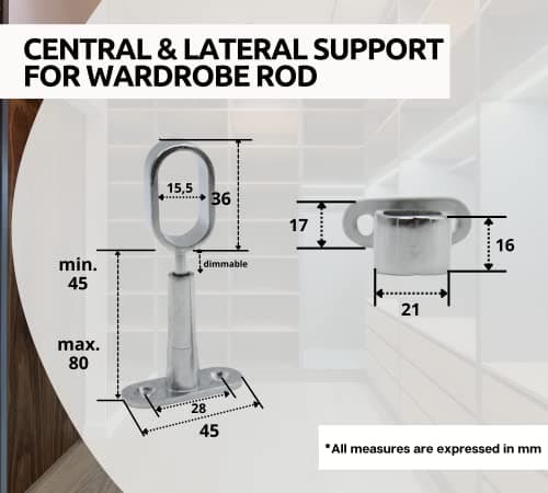 DOJA Barcelona | Support Tringle Penderie | 4 Support pour Barre Penderie Ovale | Hauteur 45 à 80mm | Zinc-Aluminium | Support Central de Tube pour Armoire Penderie Vetement, Tringle Rideau Plafond
