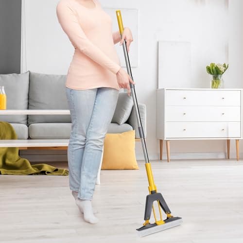 Masthome Balai Eponge Absorbant avec Essoreuse Intégrée, Balai Serpillière avec 3 Réutilisables PVA éponge Head, Poignée Réglable de 130 cm, Serpillière éponge pour Nettoyage Sols