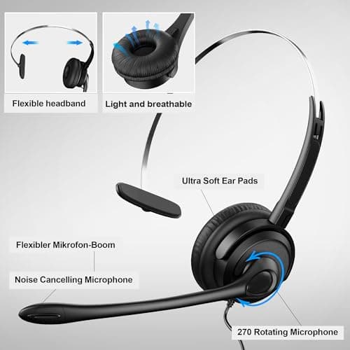 Voistek Casque mono avec microphone, prise jack 3,5 mm/2,5 mm, casque PC 2 en 1, casque filaire et antibruit et contrôle du volume pour centres d'appel, Skype, Zoom, bureau à domicile, cours en ligne