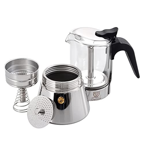 GRÄWE Cafetière à expresso en acier inoxydable avec verseuse en verre, compatible induction et tous types de feux, passe au lave-vaisselle, 4 tasses, 160 ml