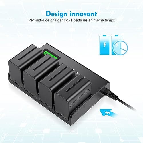 Powerextra NP-F970 Batteries Lot de 4 Batteries et Chargeur 4 canaux pour NP-F970, NP-F960, NP-F950, NP-F930, NP-F770, NP-F750, NP-F570, NP-F550