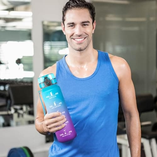 Gourde Sport 1L, Étanche et Réutilisable, Gourde, Bouteille d'eau 1 Litre avec Marqueur de Temps et Filtre, Bouteille pour Adulte, l'école, Cyclisme, Voyage, Camping, Fitness, Yoga, Bureau, Gym