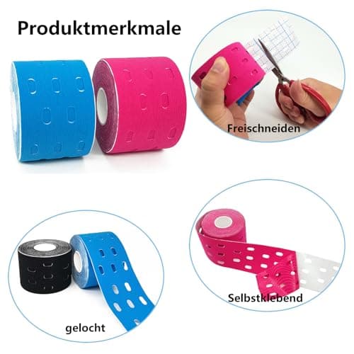 2 Rouleaux Bande Kinesiologie - Perforée Bande Muscle Sport Strap Bandage Autoadhésif Etanche Elastique Kinesiotape Bodytape 5 cm x 5 m Rouge Beige