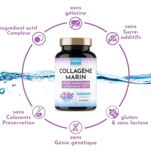 Premium Collagène Marin Complex 1000mg hautement dosé + Acide Hyaluronique - 120 Caps + Coenzyme Q10, Zinc, Cuivre, Manganèse, Vitamines C, Biotine - Sans additifs, Fabriqué en Autriche par VROODY