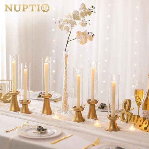 NUPTIO Bougeoir Verre Chandelier Doré - 6 Pièces Centre de Table Mariage Metal Porte Bougie Or Bougeoirs Noel Cheminée de Salle À Manger Halloween Décoration