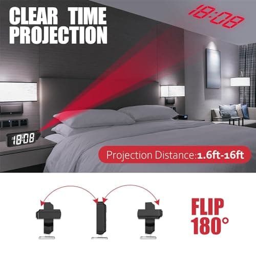 Reveil Projecteur,Reveil Projecteur Plafond,Réveil Projection avec Température,Horloge Numérique LED Projection,Horloge Digitale Projecteur 180°,Luminosité Réglable, pour Chambre, Bureau