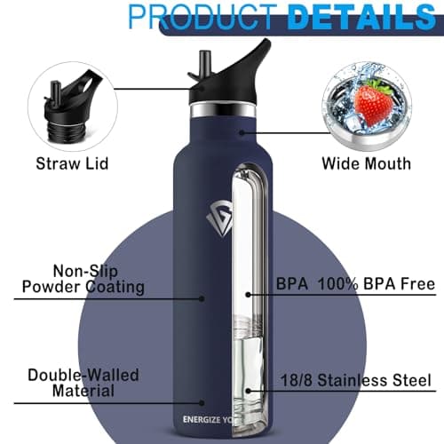 Grsta Gourde Isotherme, Gourde Sport 1000ml, Bouteille Isotherme sans BPA, Gourde Metal, Gourde INOX Reutilisable, Gourde avec Paille pour Gym, Voyage, Bureau