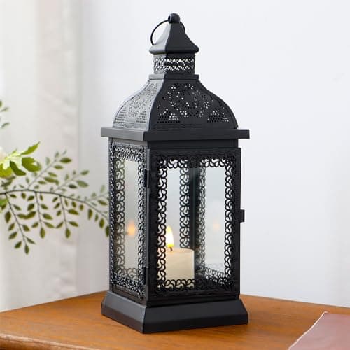 TRIROCKS Lanterne à bougie en métal de style rustique de 33 cm de haut avec verre trempé pour Noël, salon, jardin, terrasse, fêtes, intérieur et extérieur (noir)