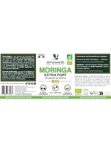 Moringa Oleifera BIO | Extra Fort, 10 000mg par jour | 100% Naturel et Pur | 90 Gélules vegan de 400mg | Qualité Supérieure