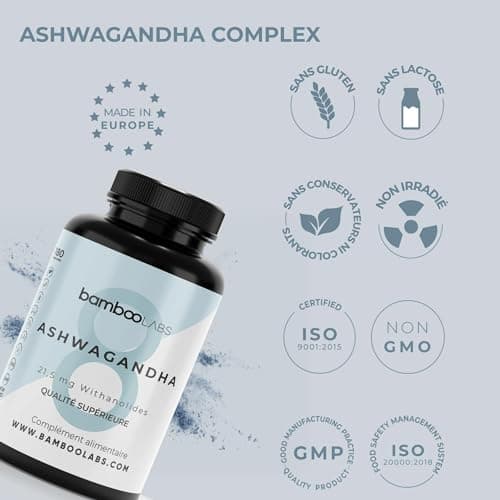 Bamboo Labs - Ashwagandha avec Extrait Sec de Withania Somnifera, Favorise l'Apparition du Sommeil, le Bien-être Intellectuel et Physique, 180 Gélules d'Aswaghanda Pendant 6 Mois.