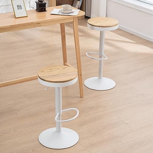Kidol & Shellder Lot de 2 Tabourets de Bar Blanc, Bois Massif, Tabourets de Comptoir à Hauteur Réglable pour Comptoir de Cuisine, Bois Massif-Métal, Vintage Industriel Moderne