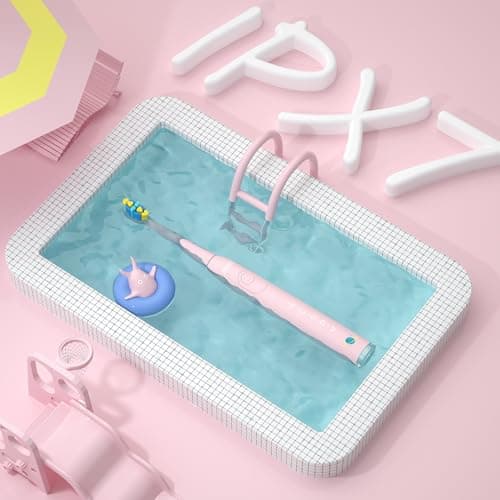 Seago brosse à dents électrique rechargeable pour enfants, brosse à dents électrique enfant avec autocollants DIY drôles, minuterie de 2 minutes, 4 têtes de brosse SG2303(rosa)