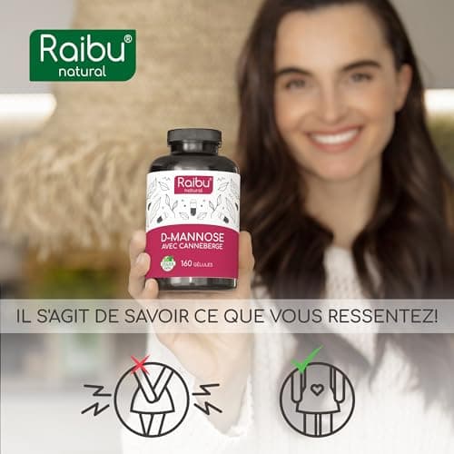 D-Mannose Raibu - Pur 2100 mg par Dose Quotidienne Fortement Dosée - 160 gélules, avec canneberge et vitamine C - D Mannose Végan, sans additifs & hautement biodisponible - Testé en laboratoire
