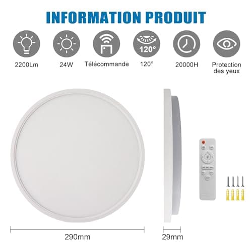 EXTRASTAR 24W 3000K-6500K Plafonnier LED Dimmable, 2200LM Luminaire Plafonnier avec Télécommande, Ø29cm Rond Lampe Plafond, Plafonnier Applicable Salon, Balcon, Chambre, Cuisine