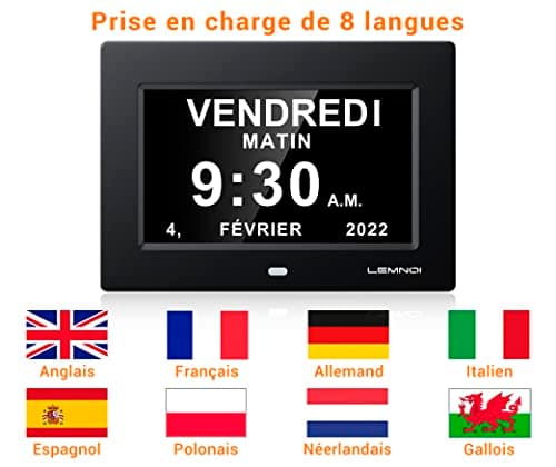 LEMNOI 7" Pouce LCD Horloge Numérique Calendrier Noire avec Date Jour Et Heure Horloge Non-Abrégée Auto Dimming 8 Langues HD Display Rappel pour Alzheimer Les Personnes âgées et Les Enfants