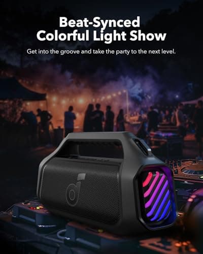 Soundcore Boom 2 Plus Enceinte Bluetooth puissante, 140W, 2+2 canaux stéréo, BassUp 2.0,Charge Rapide 30W, 20h, IPX7, lumières RGB, USB-C, pour l'extérieur, Le Camping, la Plage et Le Jardin