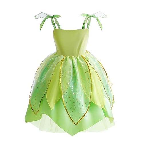 Lito Angels Deguisement Costume Fée Clochette, Robe de Fee Verte avec Ailes pour Enfant Fille, Taille 10 ans (étiquette en tissu 140)