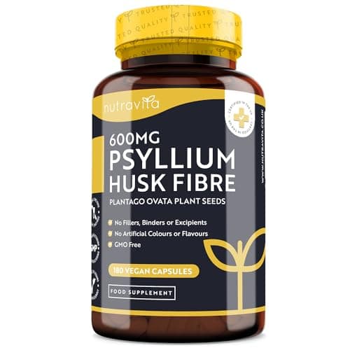 Psyllium Blond Bio 1400 mg par Dose - 180 gélules végane - Fabriqué à partir de graines de Plantago Ovata 100% pures − Fabriqué au Royaume-Uni par Nutravita