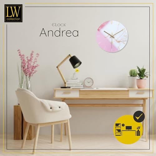 LW Collection Horloge Murale Verre Marbre Andrea Blanc Rose 30 cm - Petite Horloge - Horloge Murale Silencieuse - Horloge de Cuisine Mouvement Silencieux