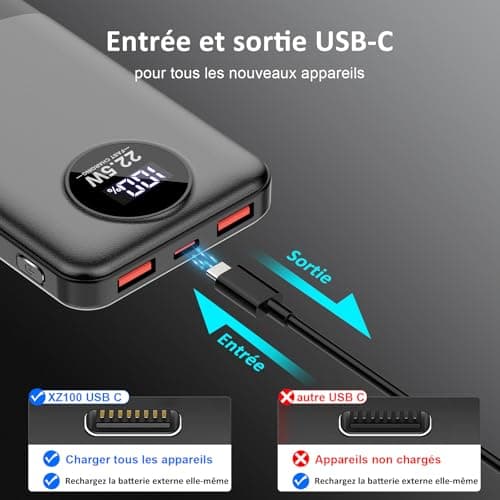 Dbasne Batterie Externe, 22.5W 10000mAh Power Bank Charge Rapide, Batterie Portable PD QC4.0 USB C Input & Output, Power Bank Compatible avec iPhone 15 14 13 Pro Max Samsung Galaxy Xiaomi Huawei