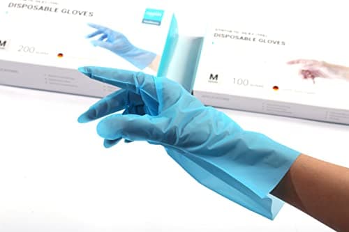 EUROPAPA® Lot de 100, 200, 300, 450 pièces - En TPE transparent et bleu - Gants jetables en caoutchouc sans latex - Non poudrés - Tailles S, M, L, XL (Bleu-200, XL)