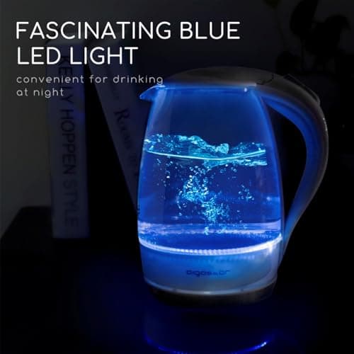 Aigostar Eve - Bouilloire Électrique en Verre Borosilicaté avec éclairage LED Bleu, Cristal Transparente, 2200W, 1,7L, Filtre Anticalcaire,Arrêt automatique, Base 360°,Sans BPA, Blanche