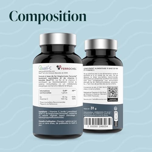 NOVOMA Fer Bisglycinate 14 mg + Vitamine C, Haute Absorption, Immunité & Anti-fatigue, Cure de 3 mois, Complément Alimentaire Fer breveté Ferrochel®, 90 Gélules Vegan, Fabriqué en France