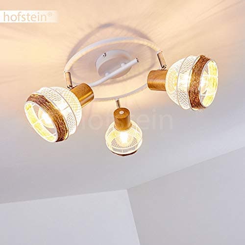 Plafonnier Bariloche en bois, raffia & métal blanc, 3 spots de plafond pivotants créant un effet lumineux au plafond par les abat-jours grillagés, pour 3 ampoules E27, ampoule(s) non incluse(s)