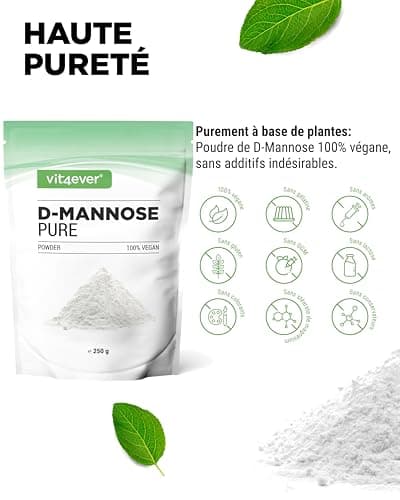 Poudre de D-mannose - 250 g - (4,1 mois d'approvisionnement) - Issu de la fermentation végétale - Pur & naturel - Sans additif - Vegan