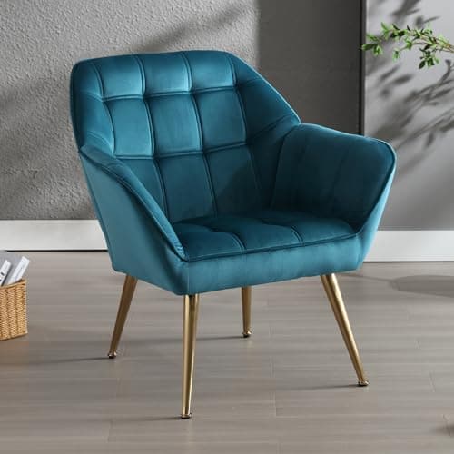 Wahson Fauteuil Salon Moderne Fauteuil Velours avec Pied Doré, Fauteul Design Salon Rembourré Fauteuil Scandinave Fauteuil 1 Place pour Salon/Chambre, Bleu