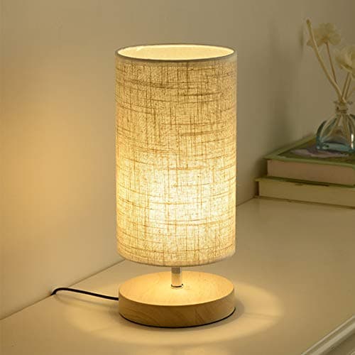 Mengjay Lampe de chevet en bois rond vintage avec abat-jour beige et lampe de bureau E27 LED style maison de campagne Veilleuses