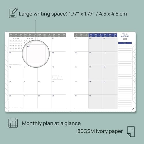 POPRUN Agenda 2025 Semainier 26,5 x 21,5 cm De Août 2024 à Déc 2025, Premium Planner Scolaire 17 Mois, Couvercle en cuir de coton PU, Papier Certifié FSC® 100 g/m2 - Forêt Vert