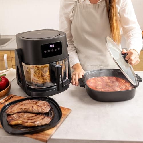 Cecotec Friteuse à Air sans Huile de 4,5 L Air Fryer Cecofry Flip&Grill 4500. 1500 W, 3 en 1 : Friteuse, Gril et Marmite, 6 Menus, Cuve en Verre, Température et Temps Réglables, Accessoires