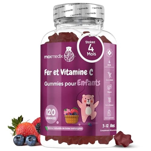 Gummies Fer avec Vitamine C - 120 Gummies Vitamine Enfant (4mois) de 3 à 12 ans - Gummies Enfant Vitamine C Acide Ascorbique & Fer Sans Allergènes - Cure Vitamine Fatigue, Os, Croissance & Immunité