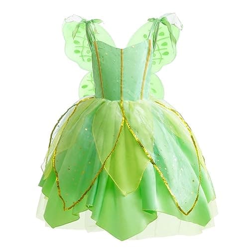 Lito Angels Deguisement Costume Fée Clochette, Robe de Fee Verte avec Ailes pour Enfant Fille, Taille 10 ans (étiquette en tissu 140)