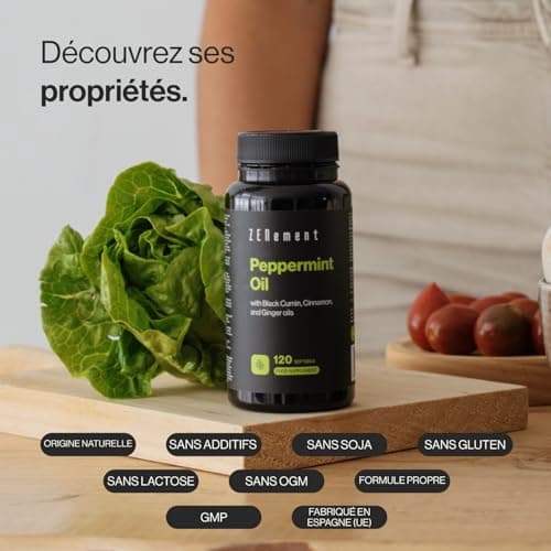 Huile Essentielle de Menthe Poivrée avec Huile de Cumin Noir, Cannelle et Gingembre - 120 Capsules, Formule Synergique avec 500mg, Santé Digestive, 40% Menthol, 20% Menthone, 100% Naturelle -Zenement